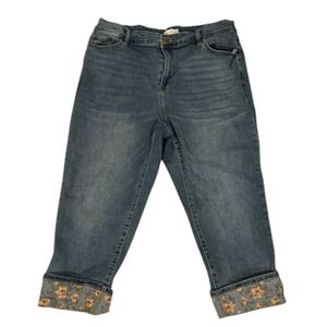 Lane BRYANT Denim Jeans Capri Cropped Cuffed Floral Accent Women Size 16